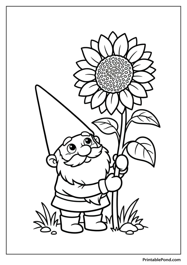 A cartoon gnome with a long beard and pointed hat holds a tall sunflower with large petals.