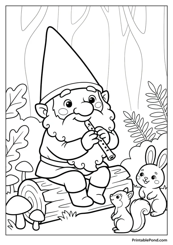 A gnome wearing a pointed hat sits on a log playing a flute for a squirrel and rabbit.