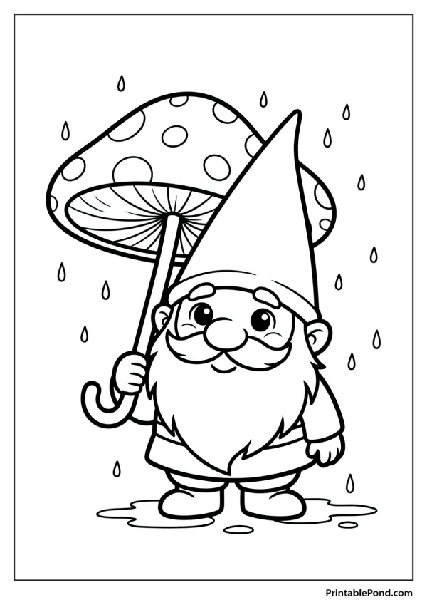 A smiling gnome wearing a pointed hat holds a large mushroom with spots as an umbrella.