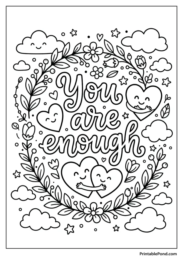 Two hearts embracing within a floral wreath with clouds and stars, with text 'You are enough'.