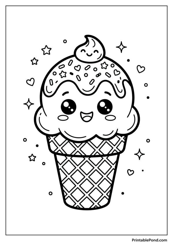 A kawaii ice cream cone with a happy face, sprinkles, and stars.