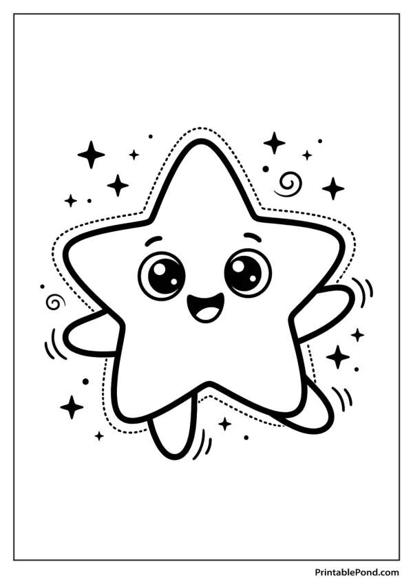 A cute cartoon star with large eyes, smiling mouth, and arms and legs outstretched, surrounded by small stars.