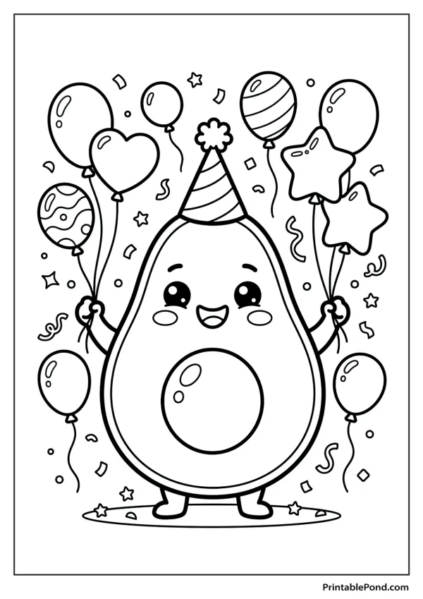 A smiling kawaii avocado wearing a party hat holds balloons and confetti falls around it.