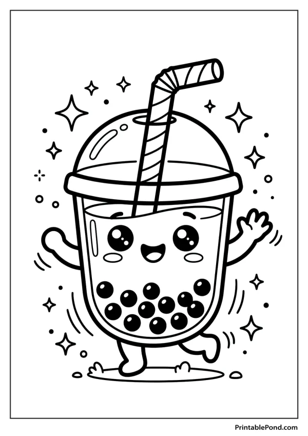 A smiling boba tea cup with eyes, mouth, straw, and tapioca pearls, dancing with stars and dots.