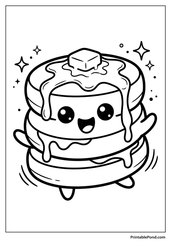 A smiling stack of pancakes with syrup and butter, dancing with little arms and legs.