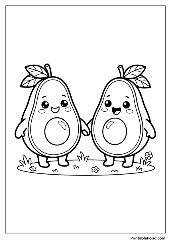 Two cute cartoon avocados with faces holding hands and standing in grass with small flowers.