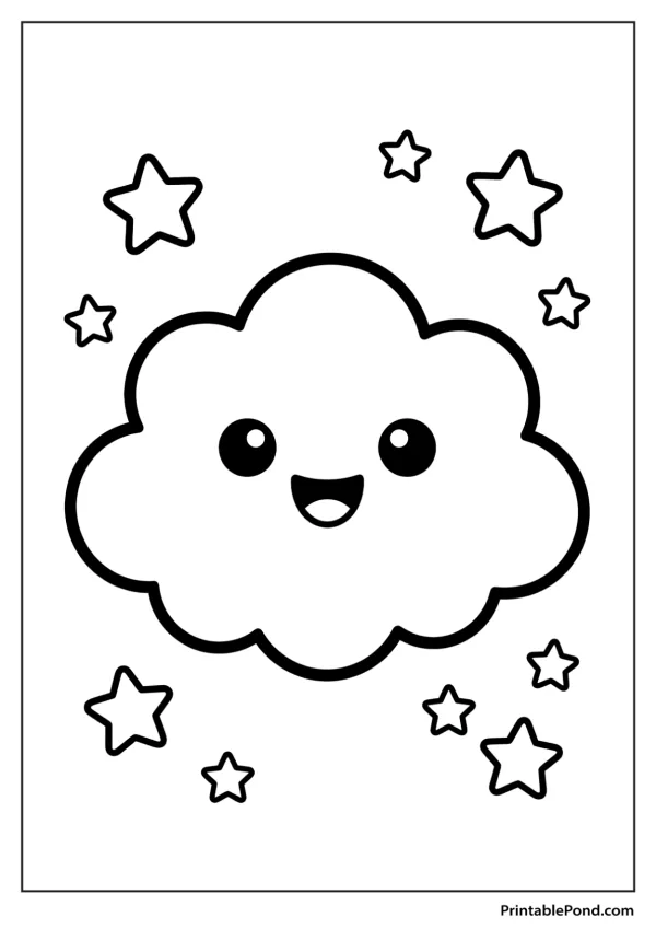 A smiling, happy cloud with large eyes and an open mouth, surrounded by little stars.