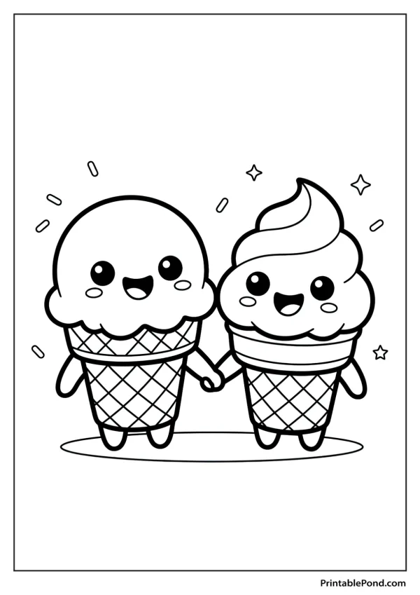 Two kawaii ice cream cones with smiling faces and stars are holding hands.
