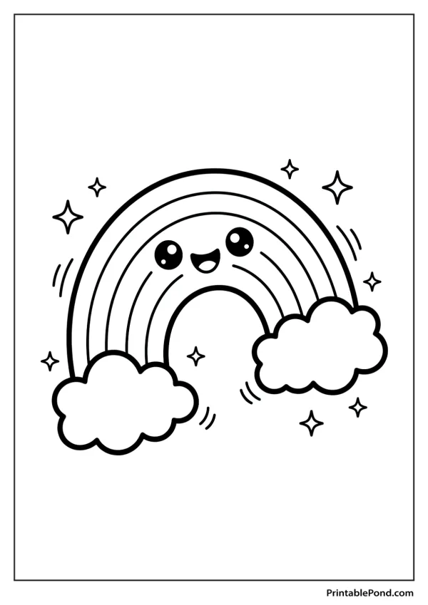A smiling kawaii rainbow with seven colorful bands, two fluffy clouds, and four sparkling stars.
