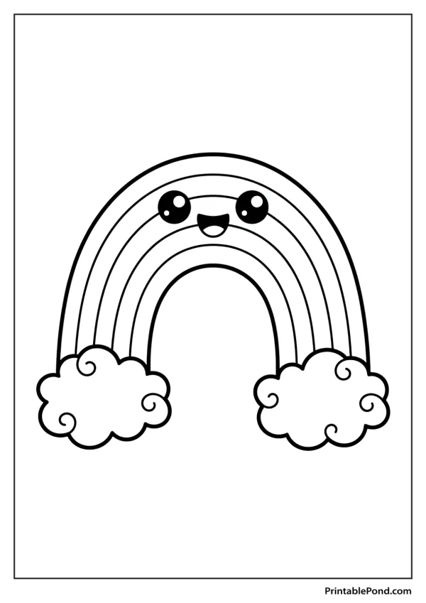 A smiling kawaii rainbow with fluffy clouds on each side, outlined for coloring.