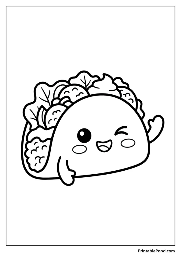 A cute kawaii taco with a happy face is waving one arm and winking.
