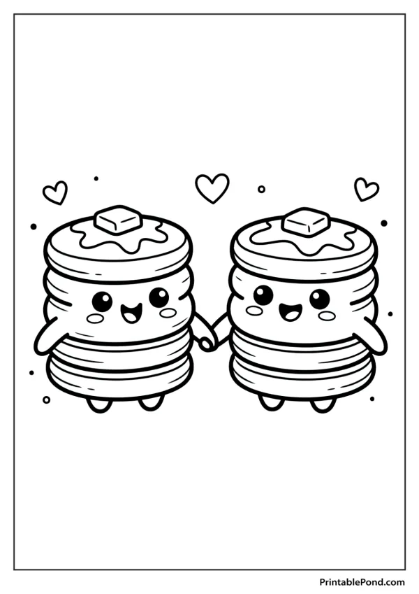 Two stacks of cute pancakes with arms and legs holding hands, with hearts floating around them.