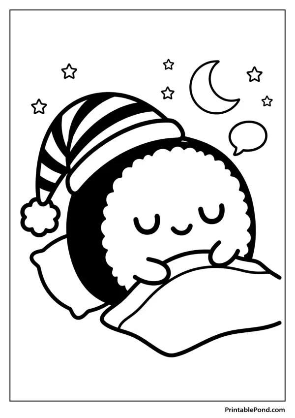 A cute sushi roll wearing a striped nightcap sleeps peacefully on a pillow under a starry sky with a moon.