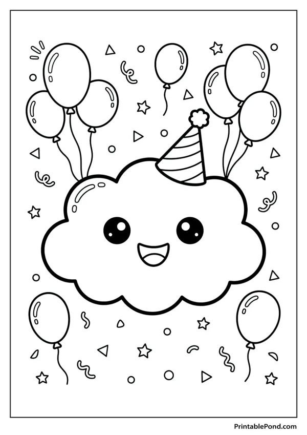 A cartoon cloud wearing a party hat, surrounded by balloons and confetti, celebrating a birthday.