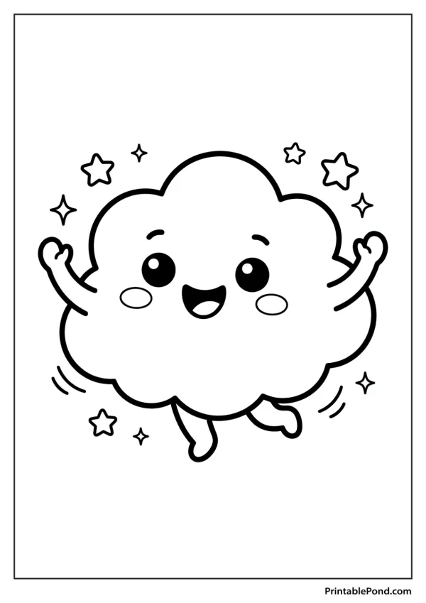 Outline of a happy cartoon cloud with arms and legs spread wide, surrounded by four stars.