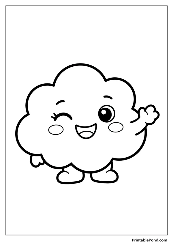 Outline of a cute kawaii cloud character with eyes, mouth, cheeks, arms, and legs, waving hello.