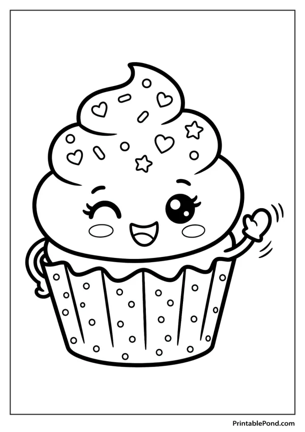 A kawaii cupcake with a smiley face, winking eye, and sprinkles waves hello with a mitten.