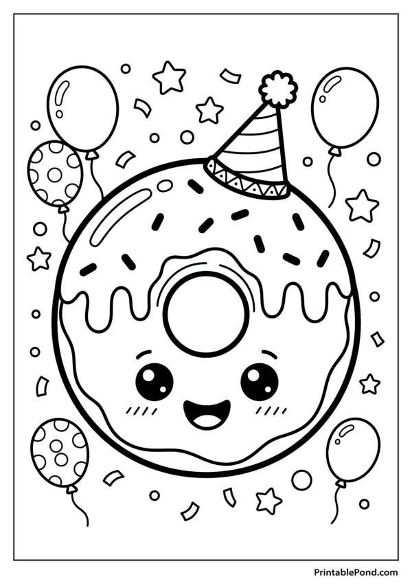 A kawaii donut wearing a party hat surrounded by balloons and confetti, ready for coloring.