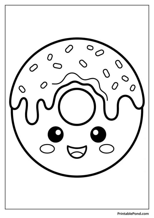 A cute cartoon donut with a smiling face, big eyes, and sprinkles on its icing.