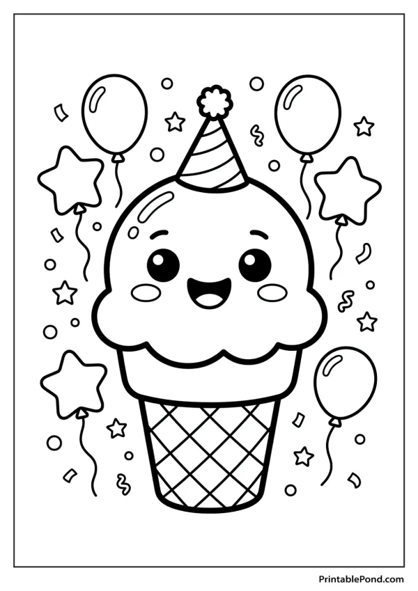 A cute kawaii ice cream cone wearing a party hat with balloons and stars.