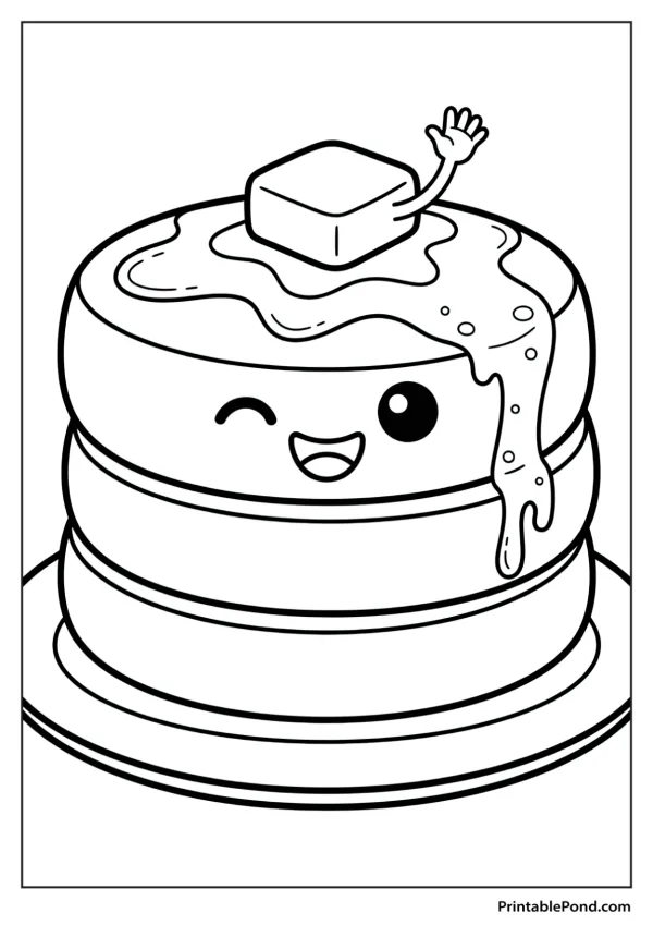 A smiling kawaii pancake stack with butter and syrup, waving a hand.