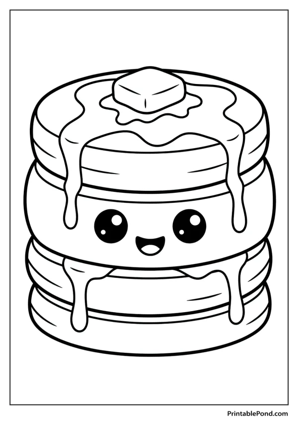 A stack of three kawaii pancakes with a square of butter and dripping syrup, ready to be colored.