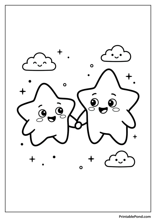 Two cute cartoon stars with happy faces holding hands, surrounded by small clouds and dots.