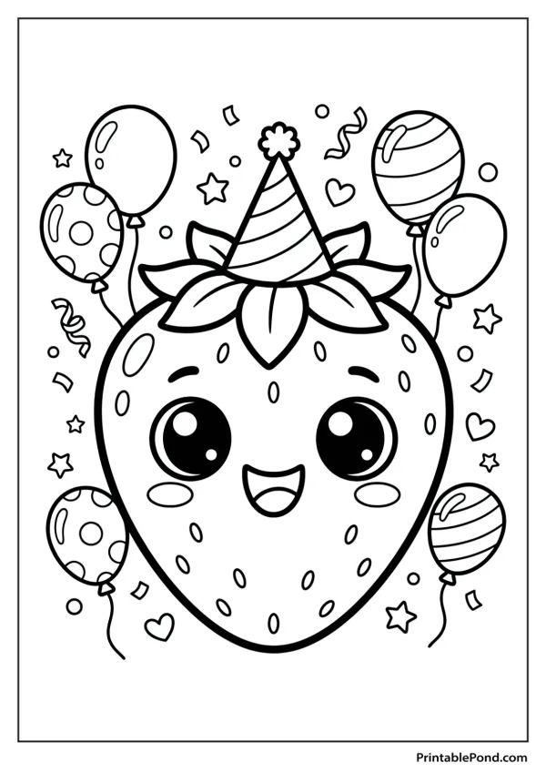 A smiling kawaii strawberry wearing a party hat surrounded by balloons and confetti.