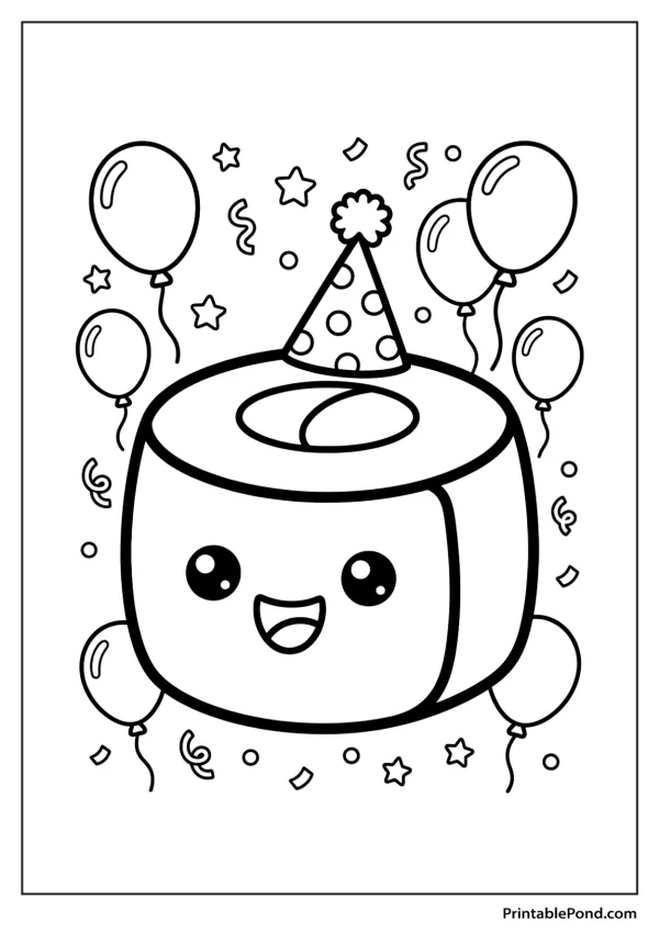 A cute sushi roll wearing a party hat with balloons and confetti around it.