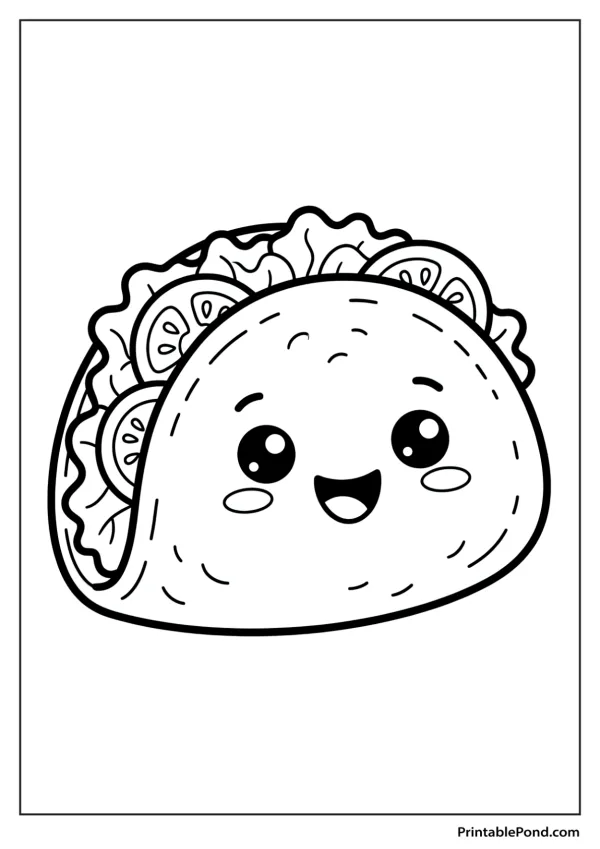 A simple black and white outline drawing of a happy, smiling kawaii taco with lettuce and tomato inside.