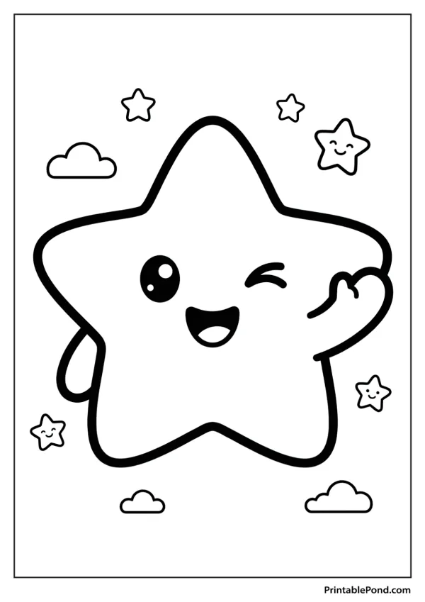 A cute cartoon star with a happy face winks and waves hello with small stars and clouds around it.