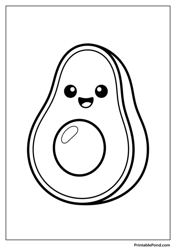 A simple line drawing of a kawaii avocado with a happy face and large eyes.