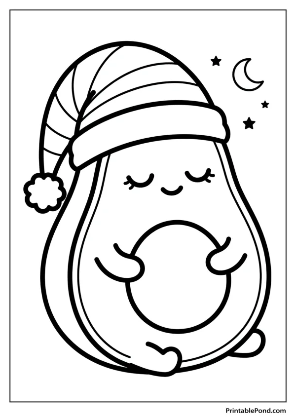 A kawaii avocado wearing a striped sleeping cap and holding its belly, with stars and a moon.