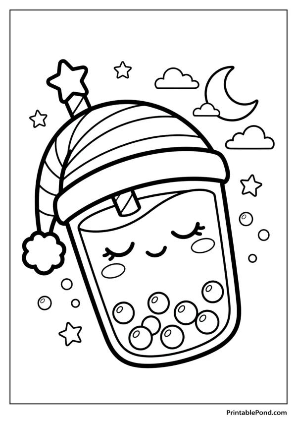 A cute cartoon boba tea cup wearing a striped sleeping cap with a pompom.