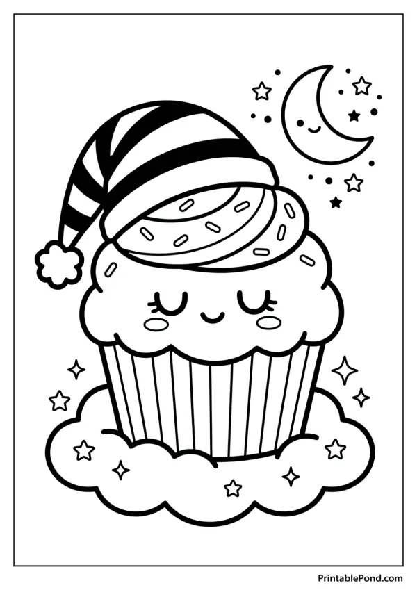 A cute cupcake wearing a striped nightcap with sprinkles and a sleepy face on a cloud.