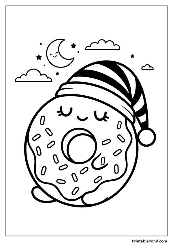 A kawaii donut wearing a striped sleeping cap with a happy closed eyes and sprinkles.