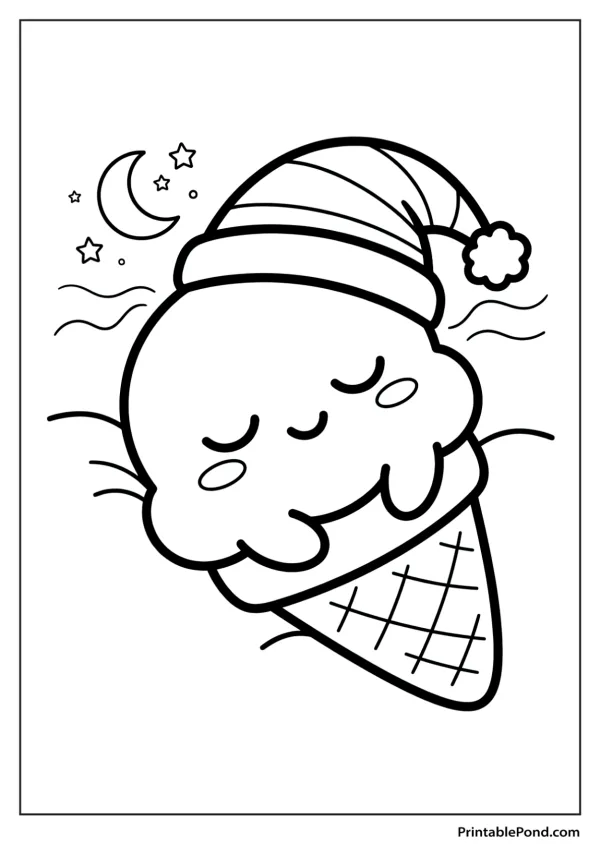 A kawaii ice cream cone wearing a striped sleeping cap and dreaming under the moon and stars.