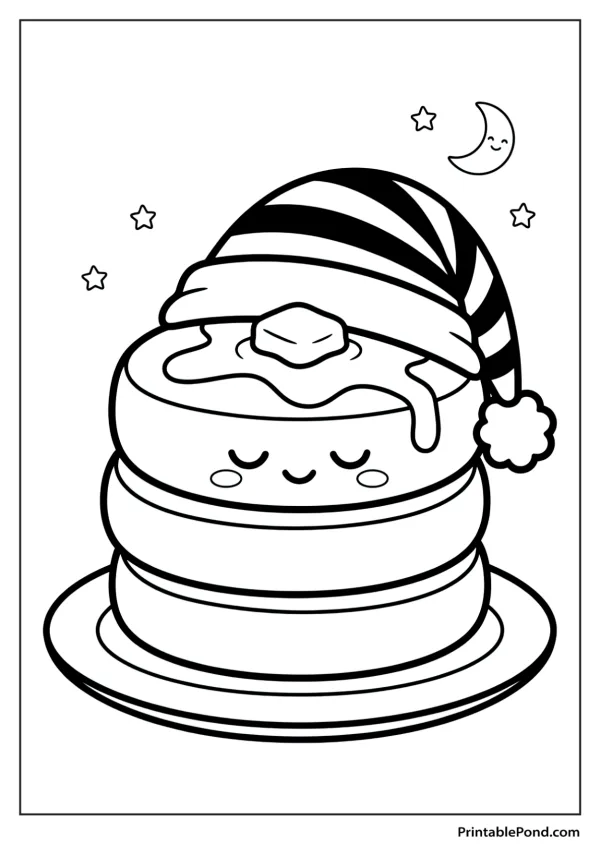 A stack of pancakes with a face wearing a striped sleeping cap with a pom-pom.