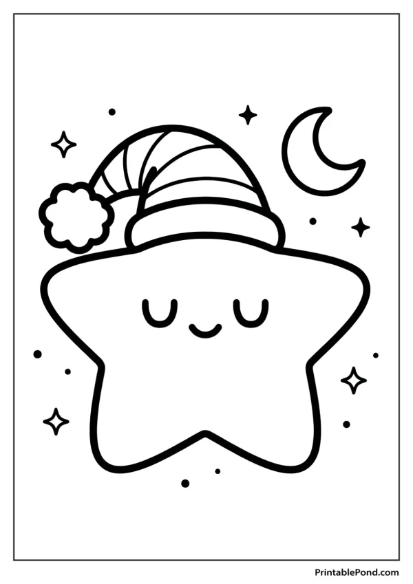 A kawaii star with closed eyes and a nightcap sleeps among stars and a crescent moon.