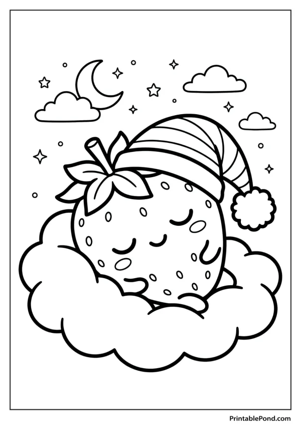 A sleeping strawberry wearing a striped nightcap sits on fluffy clouds under a crescent moon and stars.