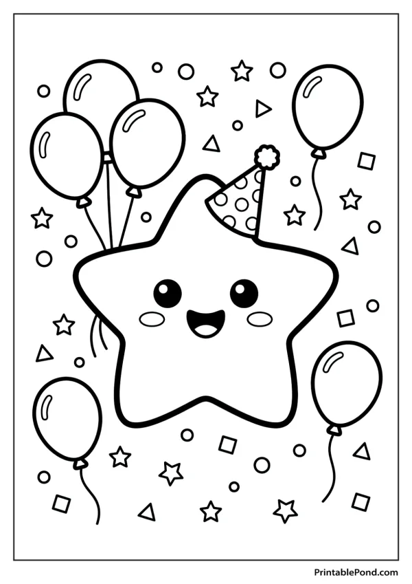 A cute kawaii star wearing a polka dot party hat, with balloons and confetti around it.