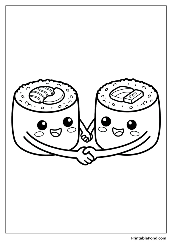 Two cute kawaii sushi rolls with smiling faces holding hands, ready to be colored.
