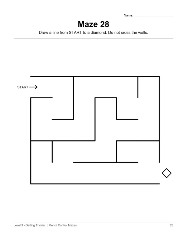 A simple maze with a start arrow and a diamond goal, for pencil control practice.