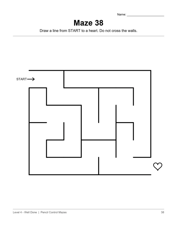 Maze 38 with a START arrow and a heart at the end. Draw a line from START to the heart.