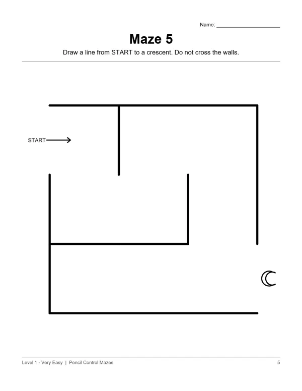 A simple maze with thick black lines, a start arrow, and a crescent shape at the end.