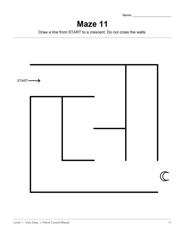 A simple maze with thick black lines, starting point labeled, and a crescent moon at the end.