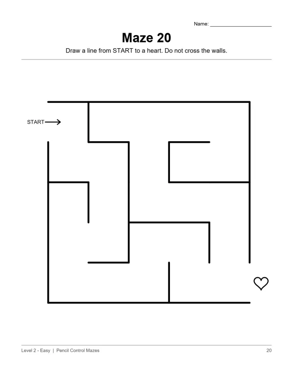 A simple maze with thick black lines, a start arrow, and a heart at the end.