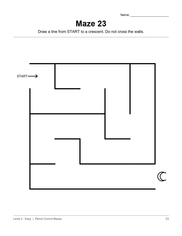 A simple maze for children with thick black lines and clear paths, starting at 'START' and ending at a crescent shape.