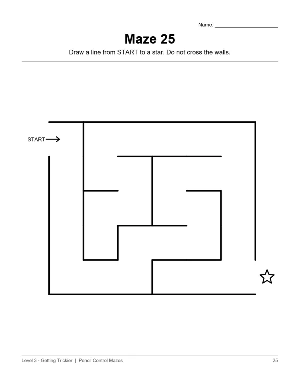 A simple maze with a start arrow and a star at the end, designed for pencil control practice.