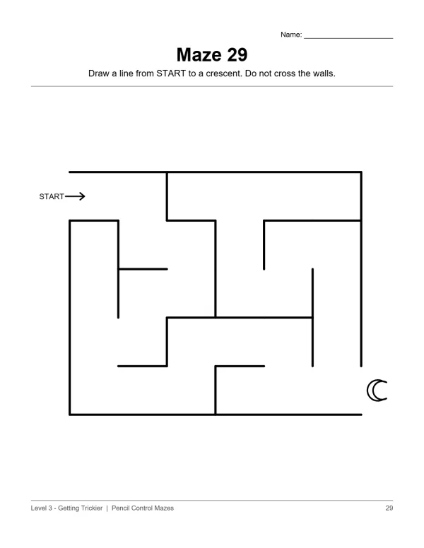 A simple maze with a start arrow and a crescent moon at the finish line.